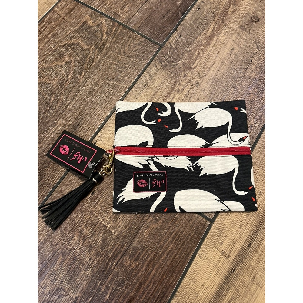 NWT Makeup Junkie Medium Bag Red Leather Inside Swans Black White Tassel